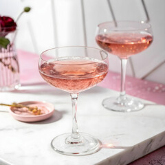 Vinum rosatum refrigeratum in poculis elegantibus super fundo albo et roseo, elegantiam, recentiam et perfectam celebrationum notam exhibens.