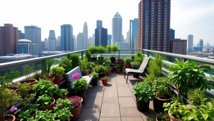 Fototapeta premium Rooftop Garden Cityscape, Urban Oasis - Urban Oasis