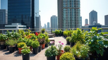 Fototapeta premium Rooftop Garden Cityscape, Urban Oasis - Urban Oasis
