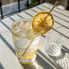 Refreshing soda water served with ice and a cut lemon peel fan garnish.