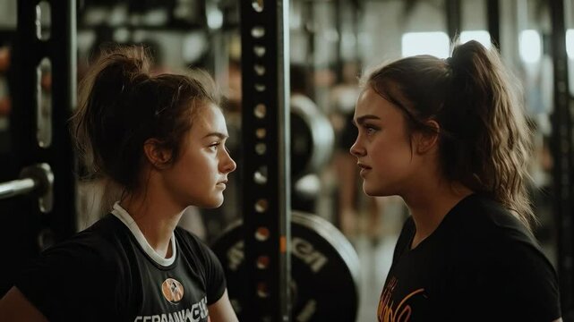 A Comparative Reflection of Strength: Two Young Women in a Gym Showcasing Determination and Focus in Their Workout Routine