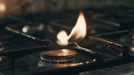 Close-up view of lit gas stove burner with visible flame