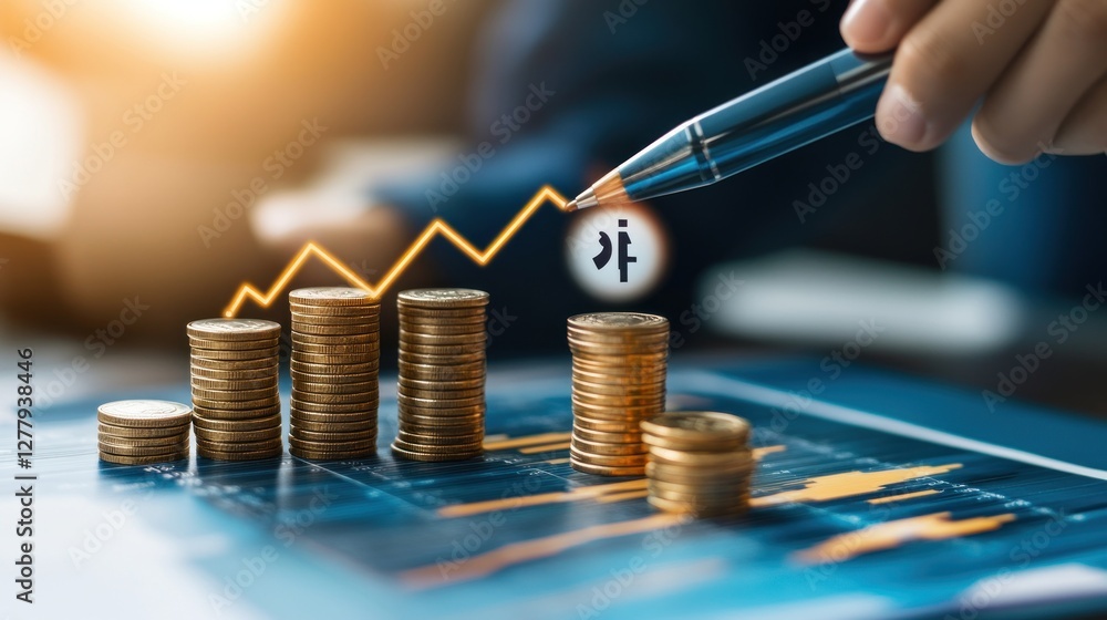 Poster rising coin stacks with an increasing line graph analysis