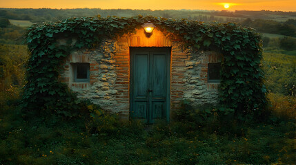 Rustic Stone Building with Ivy Covered Walls and a Weathered Wooden Door at Sunset