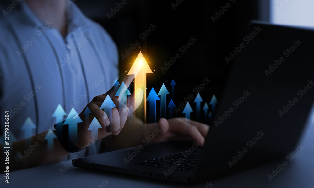 Poster business growth graph chart. businessman using tablet analyzing sales data and financial report.fina