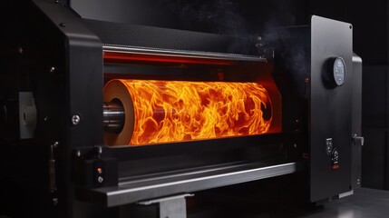 Obraz premium A black industrial machine heats a roll of paper