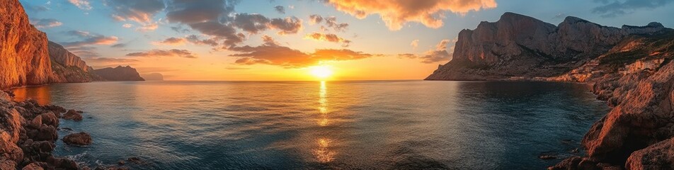 Dramatic sunset over coastal rocks