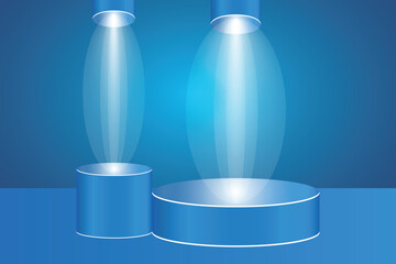Blue cylindrical podium with spotlights

