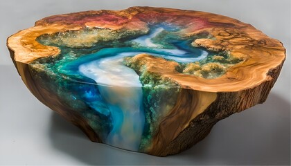 A resin table with a vibrant river of turquoise, cobalt, and white running through a natural wooden slab.