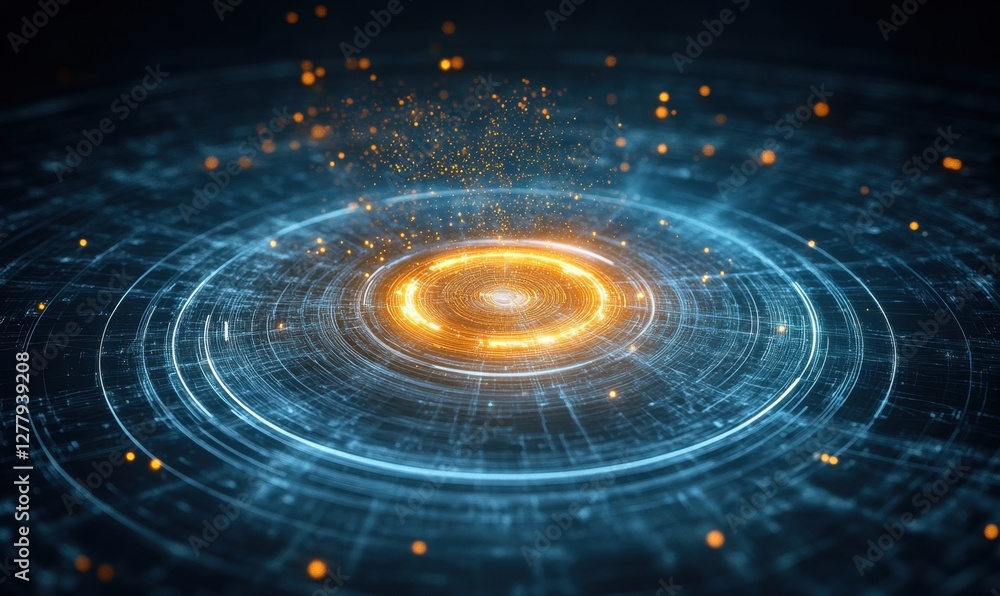 Poster abstract digital illustration of a glowing circular pattern with particles in a dark space backgroun