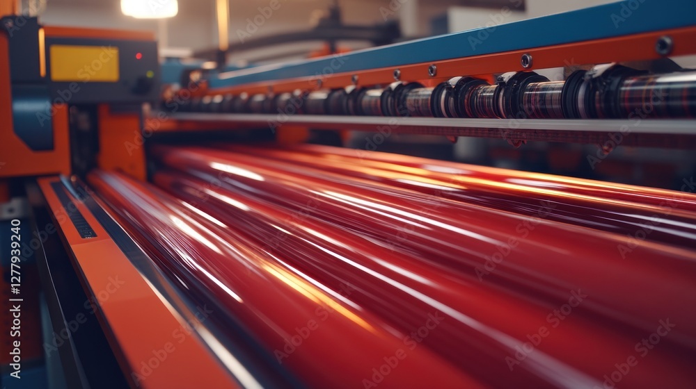 Poster large format printing machine with vibrant red media in action