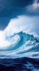 Majestic ocean wave cresting under a dramatic sky showcasing natures raw power and beauty in a captivating seascape