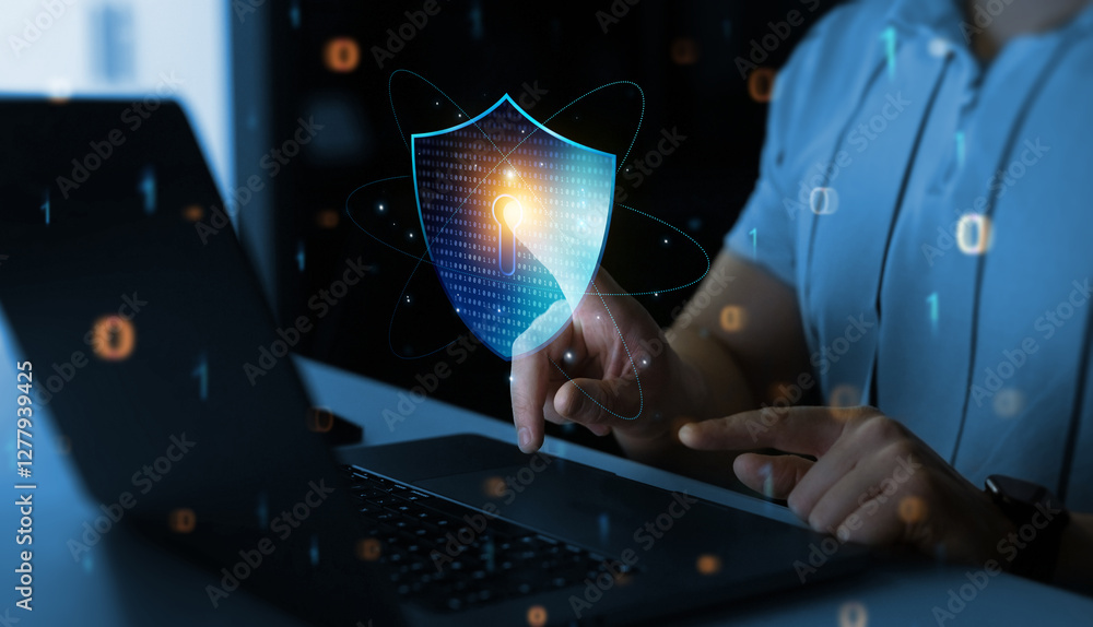 Poster person using laptop with digital padlock shield.cyber security protection concept.data protection co