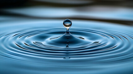 Isolated Water Drop Creating Ripples on Blue Water Surface in a Tranquil Scene