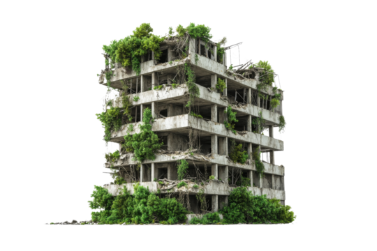 abandoned building overgrown with greenery, showcasing nature reclaiming urban space. structure is dilapidated, with vines and plants enveloping concrete