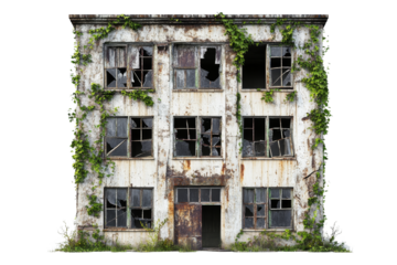 abandoned building covered in vines, featuring broken windows and weathered facade, evokes sense of decay and nature reclaiming space
