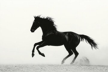 dynamic silhouette of muscular horse midgallop sharp contrast black against white background minimal composition with strong motion blur