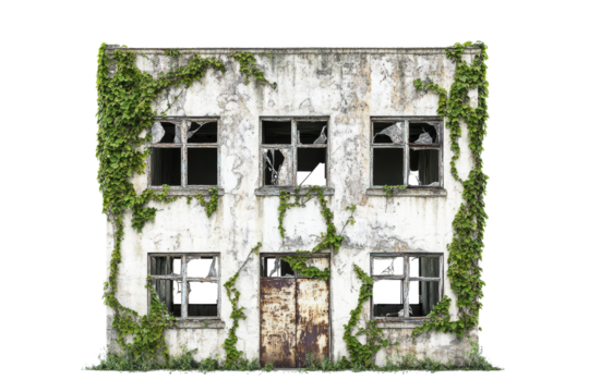 abandoned building covered in green ivy, featuring broken windows and rusty door, evokes sense of decay and nature reclaiming space