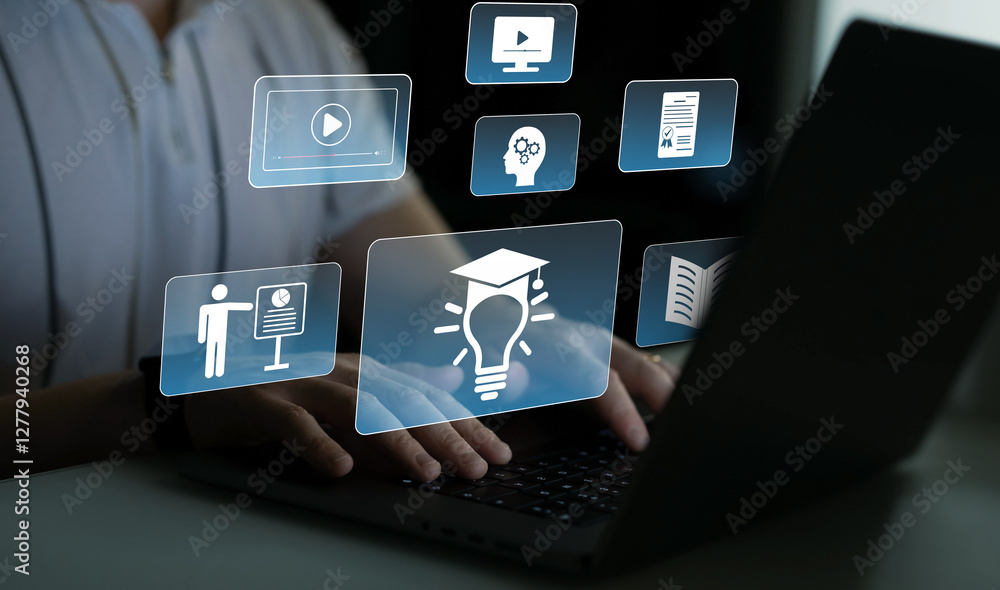 Wall mural digital internet lessons and online webinar on virtual screen.e-learning education.education interne