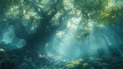 Fototapeta premium Mystical foggy forest with towering ancient trees and scattered light rays 