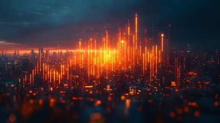 Fototapeta premium Dramatic Cityscape with Illuminating Financial Graph Signaling Growth and Warnings