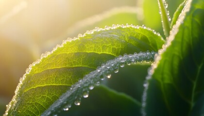 Dewdrops adorn a vibrant green leaf in the sunlight