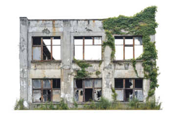 dilapidated building with broken windows and overgrown ivy, showcasing urban decay and nature reclamation. structure reflects sense of abandonment and history
