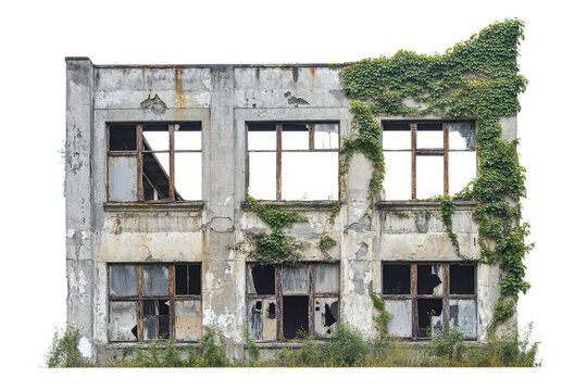 dilapidated building with broken windows and overgrown ivy, showcasing urban decay and nature reclamation. structure reflects sense of abandonment and history