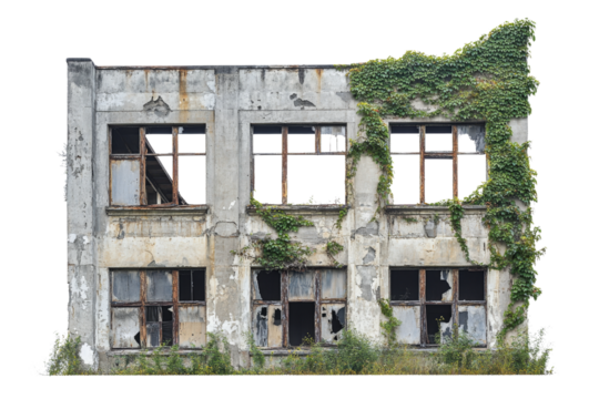 dilapidated building with broken windows and overgrown ivy, showcasing urban decay and nature reclamation. structure reflects sense of abandonment and history