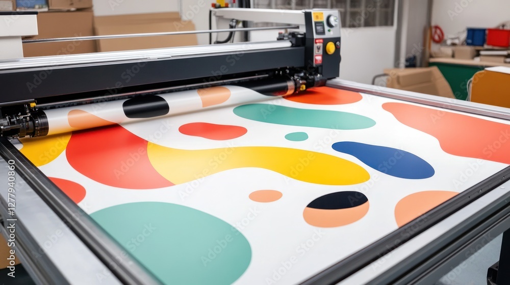 Poster large format printer producing colorful abstract shapes on paper