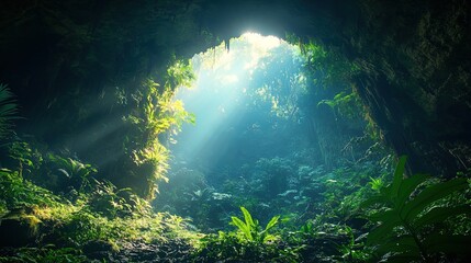 Obraz premium Mysterious cave entrance surrounded by dense vegetation 