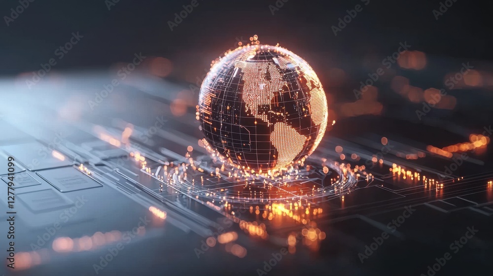 Poster glowing digital globe with circuitry on dark background representing global technology and connectiv