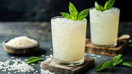 Refreshing Rice-Zempic beverage with basil garnish on rustic wooden surface