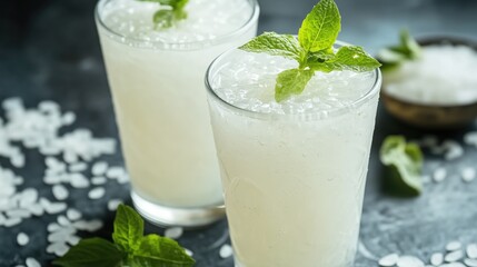 Refreshing citrus mint drink with crushed ice and fresh mint leaves in glasses