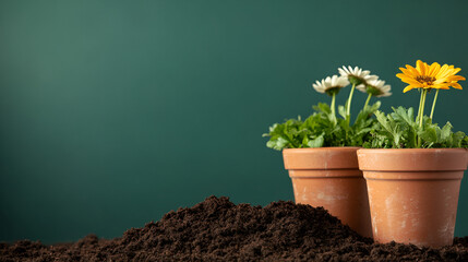 Flower pots and soil with dark background ai generative