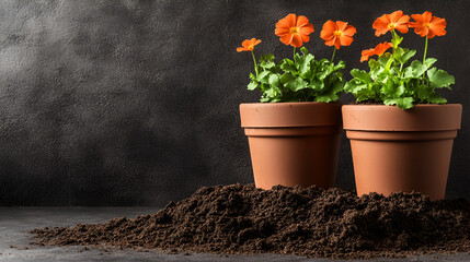Flower pots and soil with dark background ai generative