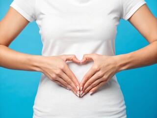 Close up of a woman in a white t shirt making a heart shape with her hands over her stomach symbolizing gut health digestion and wellness
