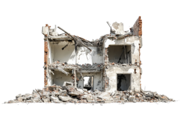 dilapidated building with exposed walls and debris surrounding it, showcasing aftermath of destruction and decay