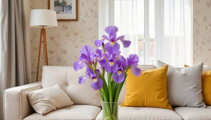 Screensaver. Purple iris flowers in a glass vase, modern living room decor