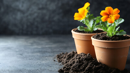 Flower pots and soil with dark background ai generative