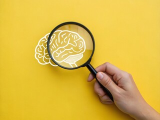 A magnifying glass enlarges a white brain icon on a yellow background symbolizing intelligence research psychology and knowledge exploration  
