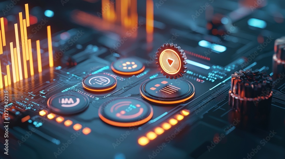 Poster futuristic interface buttons with data visualization elements