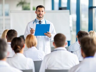 A male doctor with a stethoscope giving a presentation to a group of medical professionals at a conference in a modern healthcare setting  
