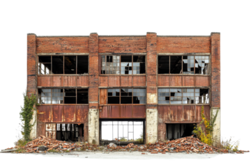 Abandoned industrial building with broken windows and brick facade, showcasing decay and neglect. structure is surrounded by rubble and overgrown vegetation, evoking sense of desolation
