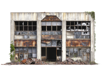 Abandoned industrial building with broken windows and rusted facade, showcasing decay and neglect. Overgrown vegetation adds to desolate atmosphere