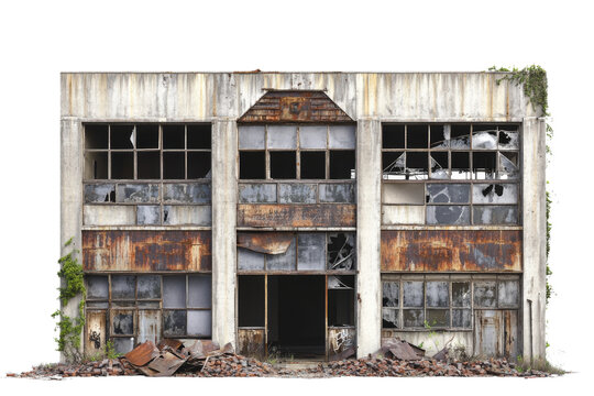 Abandoned industrial building with broken windows and rusted facade, showcasing decay and neglect. Overgrown vegetation adds to desolate atmosphere
