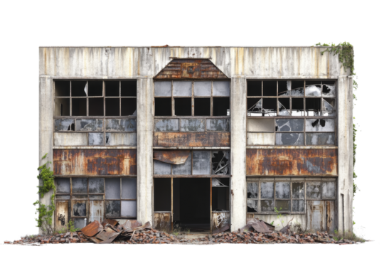 Abandoned industrial building with broken windows and rusted facade, showcasing decay and neglect. Overgrown vegetation adds to desolate atmosphere