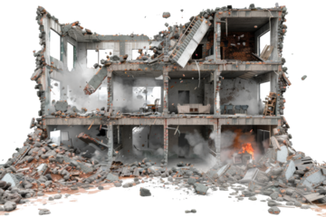 Destruction of building with debris, smoke, and fire visible. scene captures aftermath of disaster, showcasing chaotic environment and structural collapse