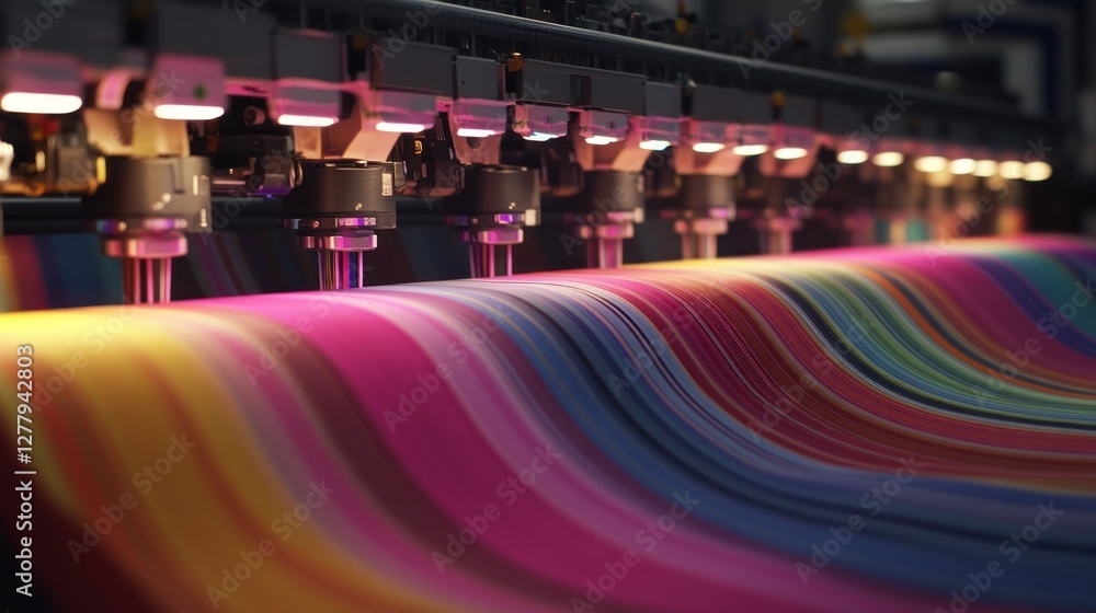 Poster automated printing machine applying colorful ink onto a textile