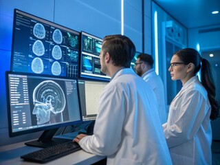 Medical Professionals Analyzing Brain Scans in MRI Laboratory
